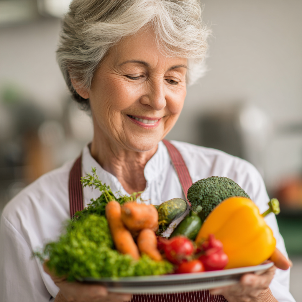 Lächelnde deutsche Familie verschiedenen Alters beim gemeinsamen gesunden Kochen in moderner Küche