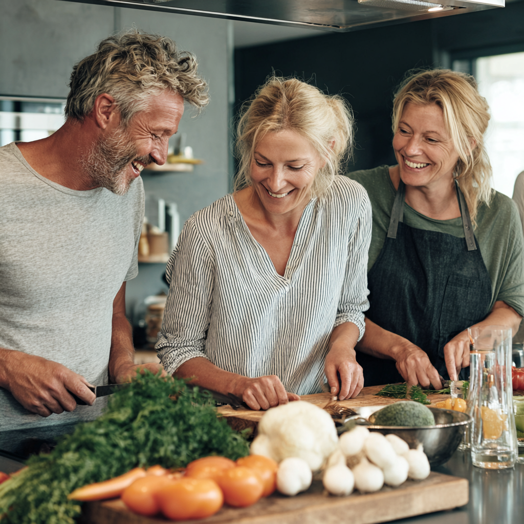 Gruppe deutscher Erwachsener verschiedenen Alters beim aktiven Sport und gesunder Ernährung im Freien